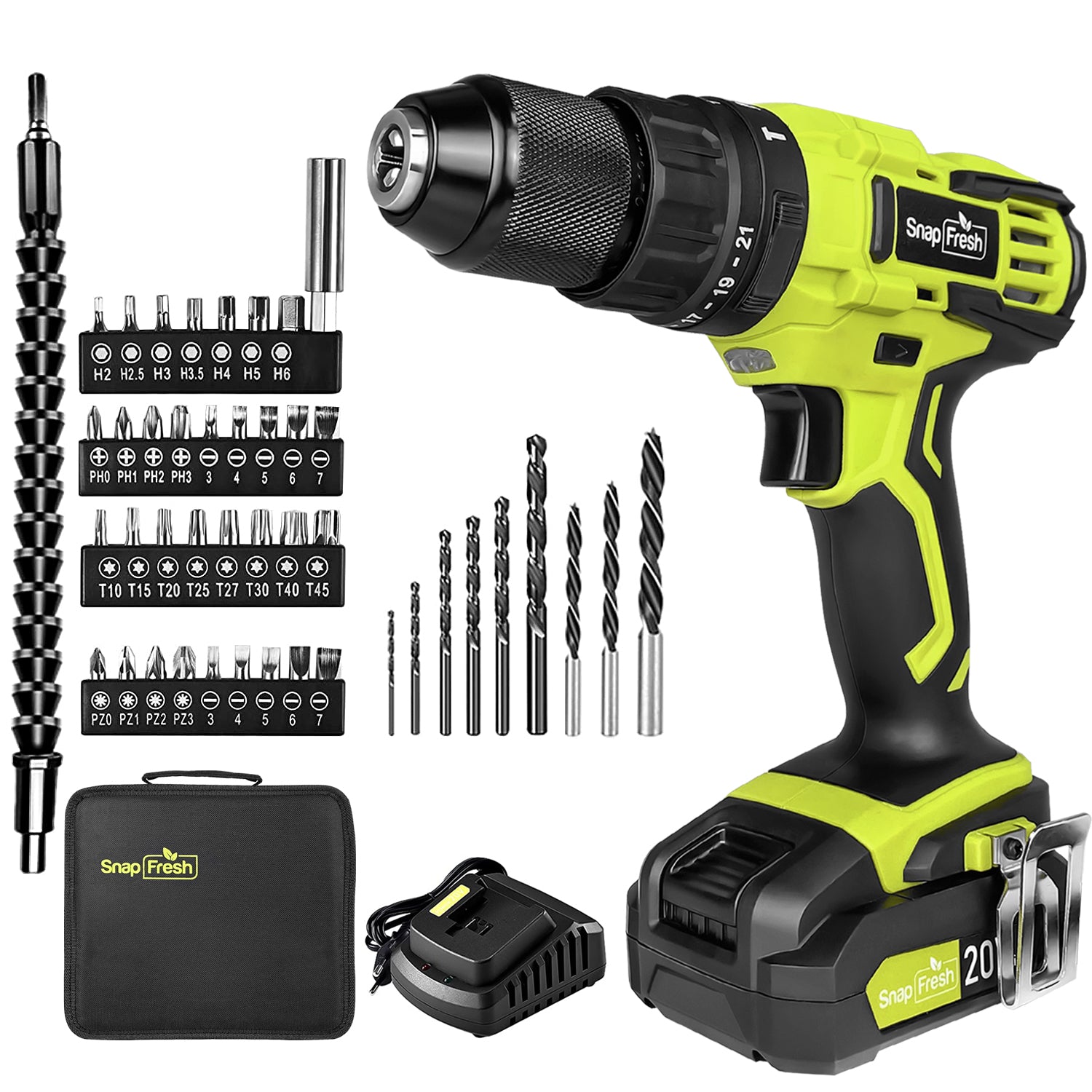 SnapFresh 12V Cordless Rotary Tool Kit, 7 speeds, 77 Accessories, 2  attachments, Flex Shaft, Universal keyless chuck,1 hour Quick Charging, for