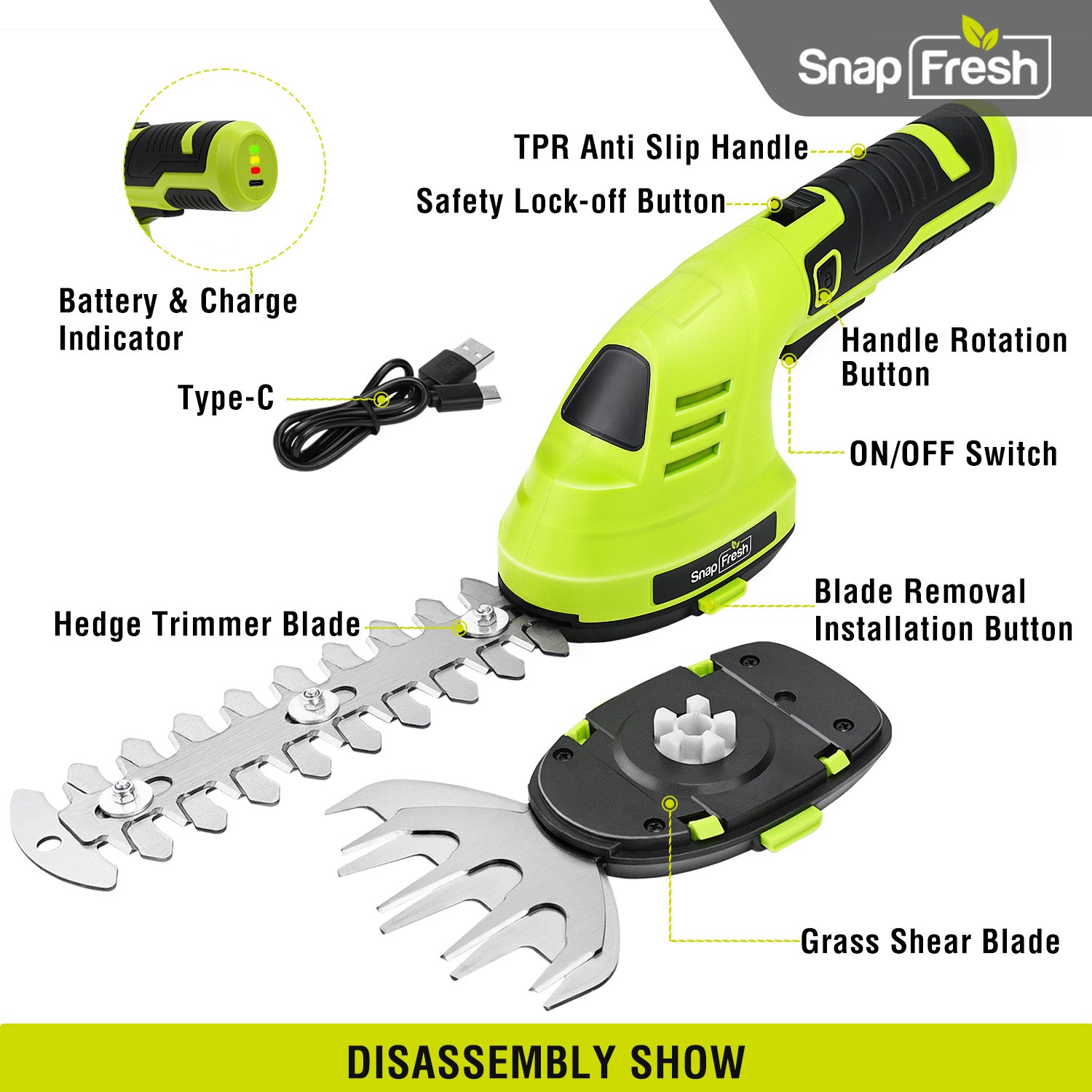 8V Cordless Hedge Trimmer and Grass Shear with Rotating Head