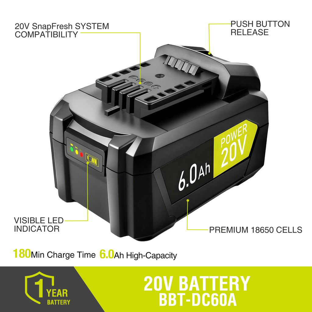 SnapFresh 20V 6.0Ah Lithium-Ion Battery for Cordless Tools