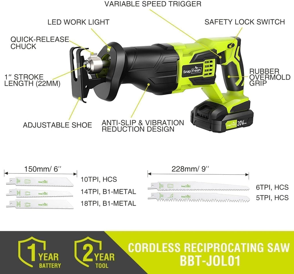 SnapFresh 20V Cordless Reciprocating Saw with 5 Blades – SnapFresh