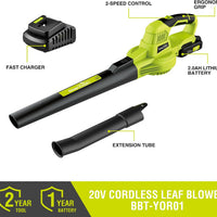 20V Cordless Leaf Blower(140CFM/130MPH) , 2.0Ah Li-Ion Battery And Charger (BBT-YOR01)