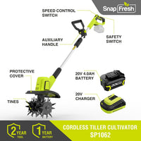 20V Cordless Tiller Cultivator with 4.0AH Battery and Fast Charger